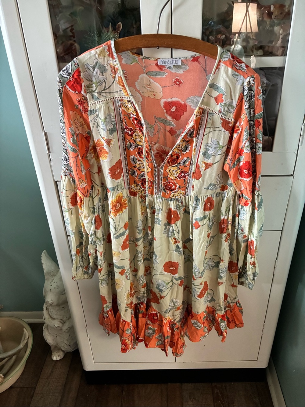 Patrons of Peace sz XS Floral Peasant Blouse Dress Orange/Cream